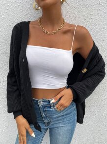 SHEIN Frenchy Cárdigan de manga raglán con botón - Negro - Ver 3