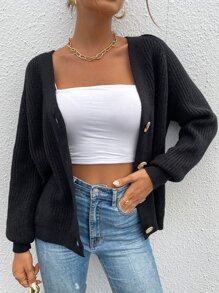 SHEIN Frenchy Cárdigan de manga raglán con botón - Negro - Ver 4