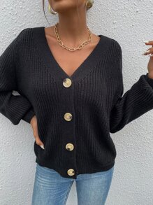 SHEIN Frenchy Cárdigan de manga raglán con botón - Negro - Ver 6