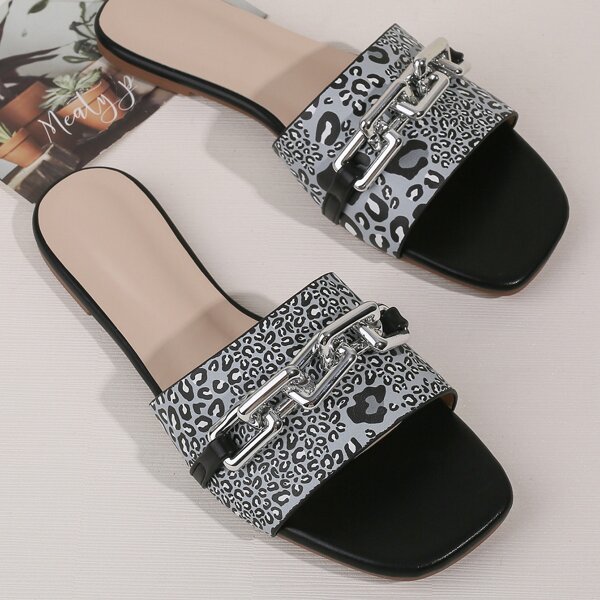 

Leopard Graphic Chain Decor Slide Sandals, Multicolor