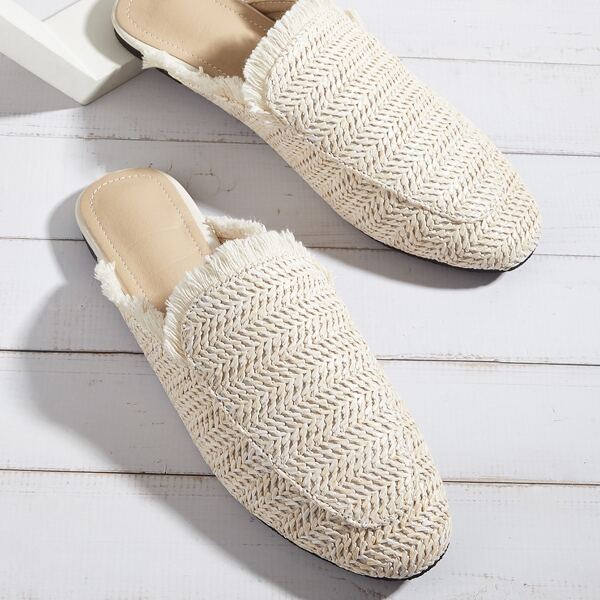 

Straw Design Fringe Trim Flat Mules, Beige