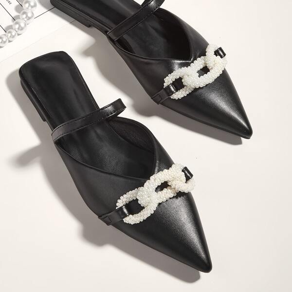 

Faux Pearl Decor Point Toe Flat Mules, Black