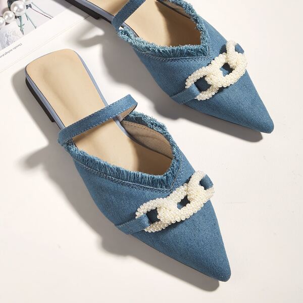 

Faux Pearl Decor Point Toe Flat Mules, Blue