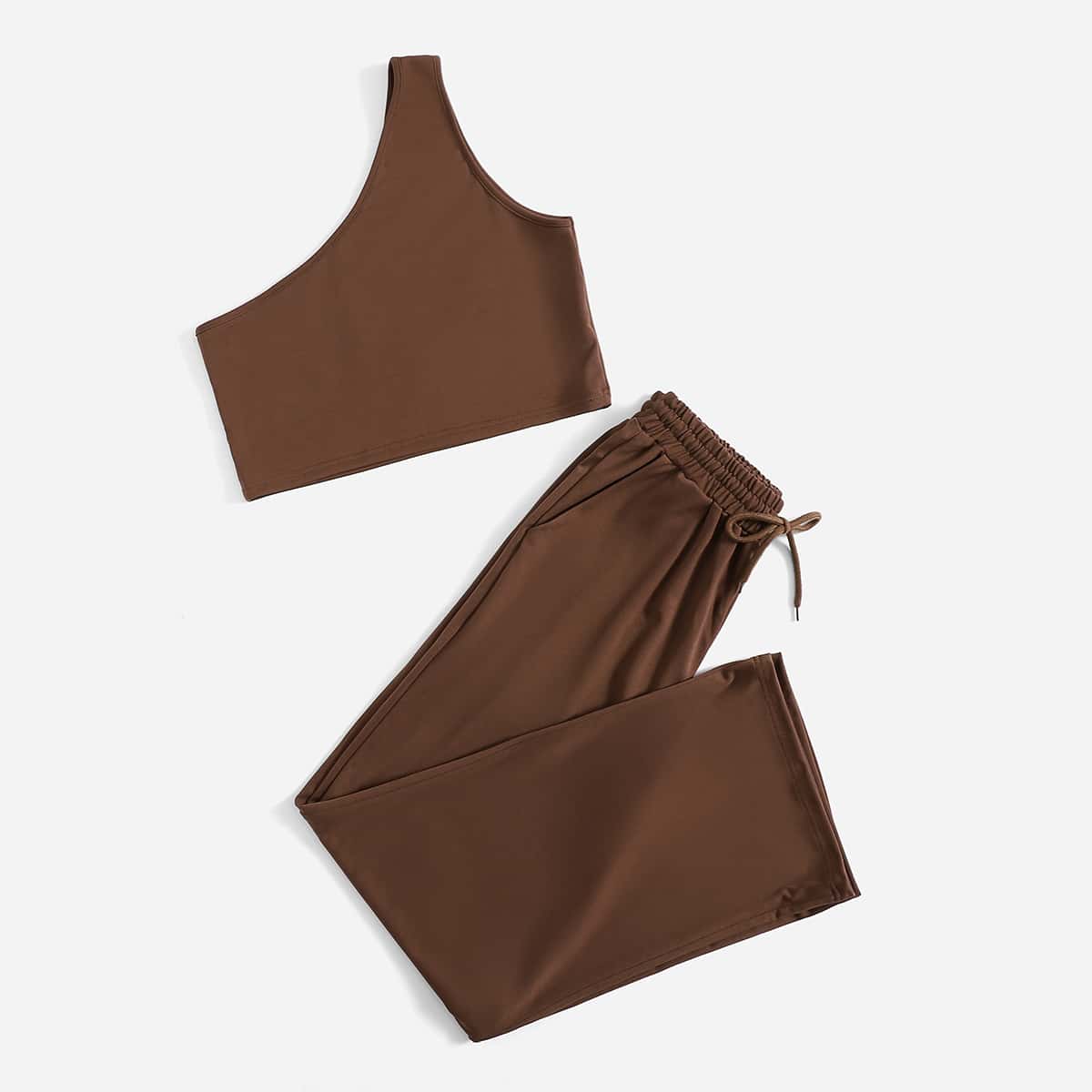 

Solid One Shoulder Crop Top & Sweatpants, Coffee brown