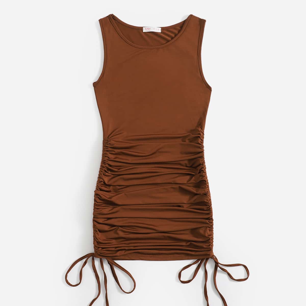 

Solid Drawstring Bodycon Tank Dress, Coffee brown