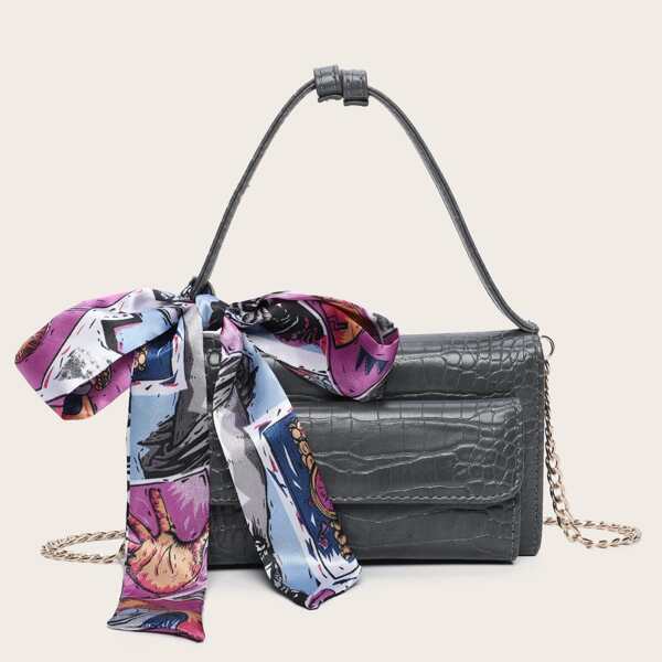 

Twilly Scarf Decor Croc Embossed Satchel Bag, Dark grey