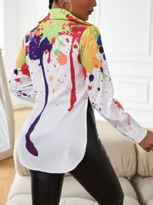 SHEIN LUNE Splash Painting Print Split Side Blouse - White - View 2