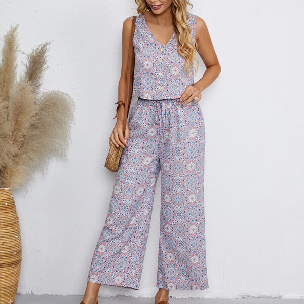 

Scarf Print Tank Top & Wide Leg Pants, Multicolor