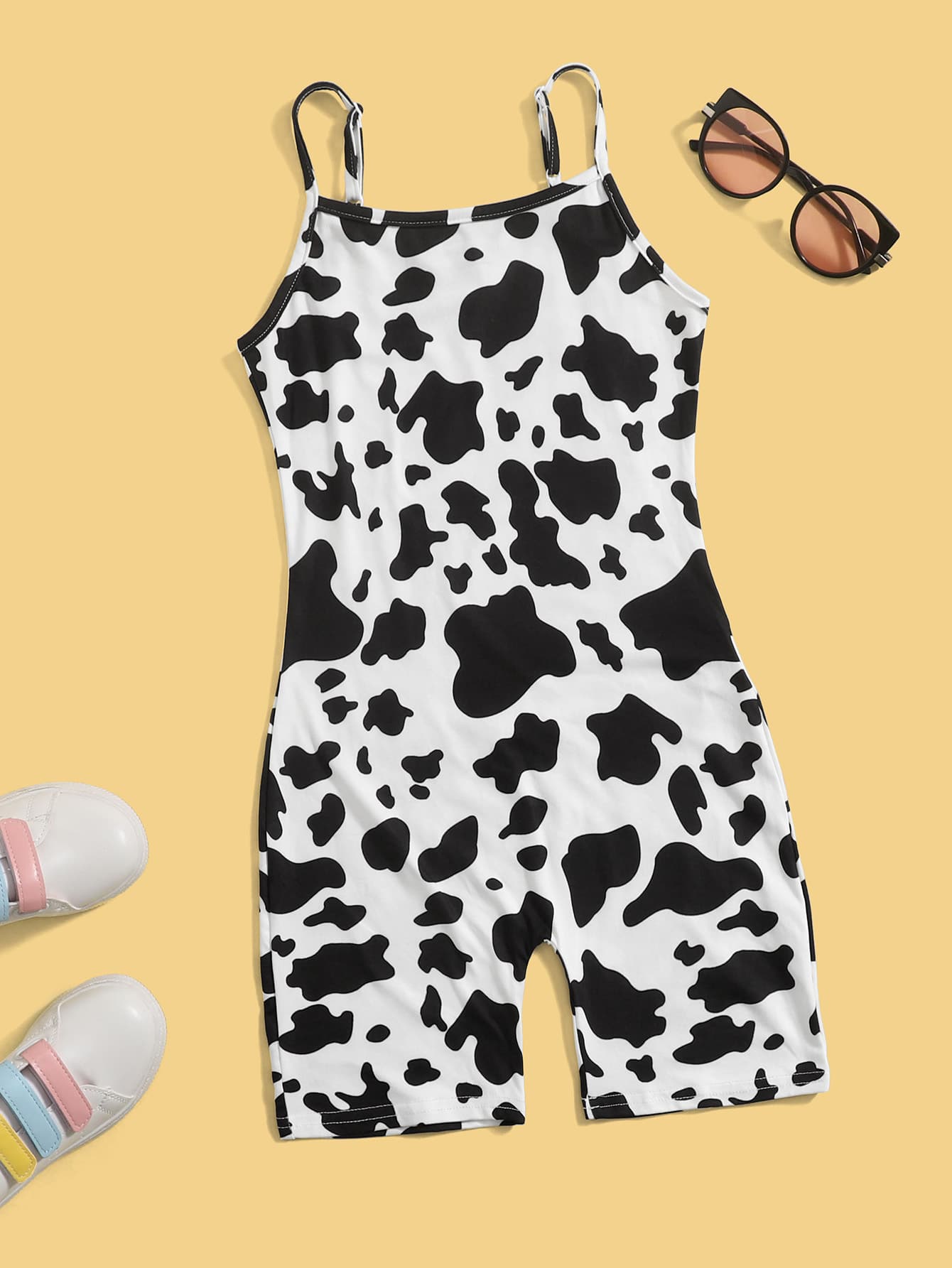 SHEIN Tween Girl Cow Print Cami Unitard Romper - Black and White - View 1