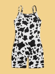 SHEIN Tween Girl Cow Print Cami Unitard Romper - Black and White - View 2