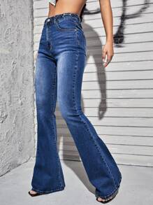 SHEIN ICON Quần jean Nút Túi Dây kéo màu trơn - Rửa tối - Xem 1