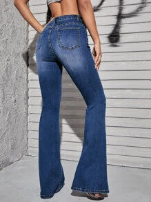 SHEIN ICON Quần jean Nút Túi Dây kéo màu trơn - Rửa tối - Xem 2