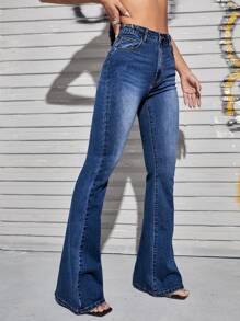 SHEIN ICON Quần jean Nút Túi Dây kéo màu trơn - Rửa tối - Xem 5