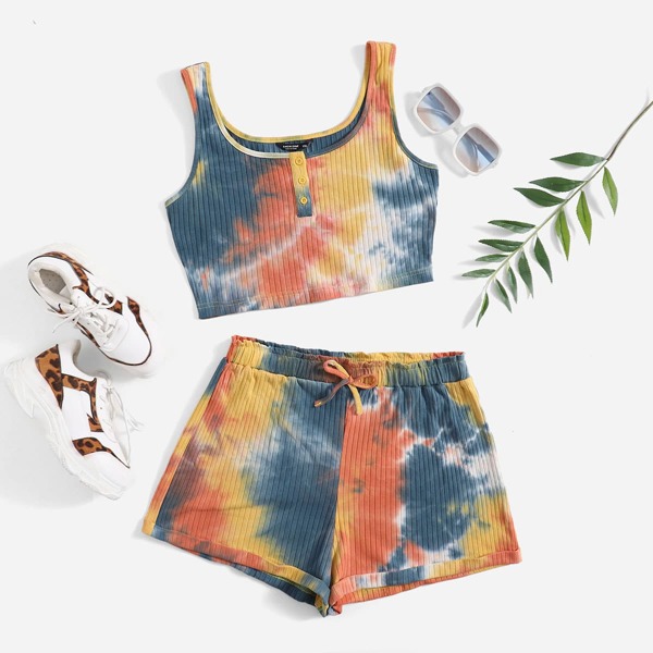 

Plus Tie Dye Tank Top & Rolled Hem Shorts Set, Multicolor