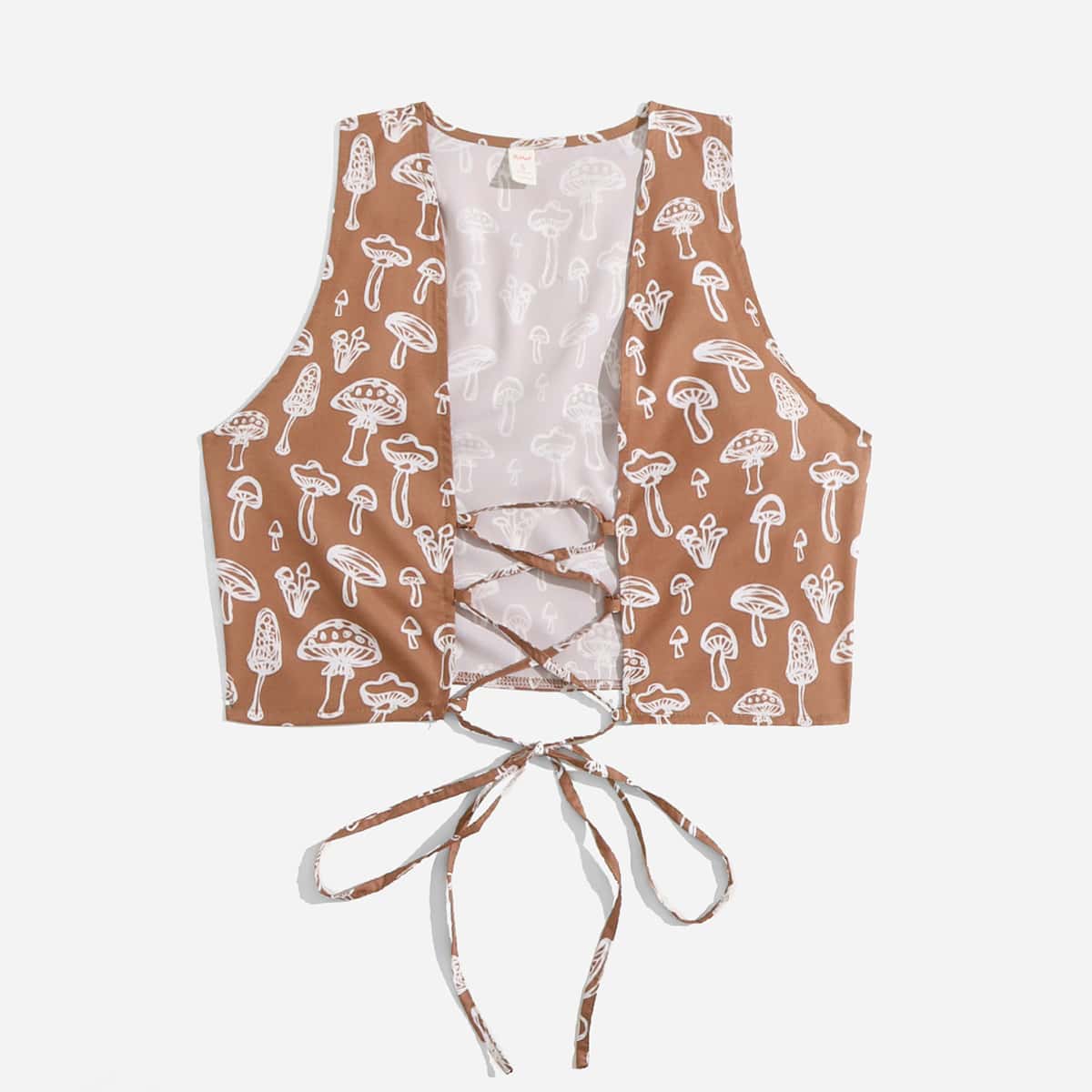 

Mushroom Graphic Lace Up Crop Tank Top, Coffee brown