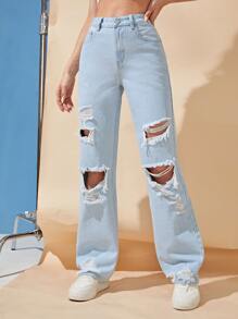 SHEIN High Waist Ripped Jeans - Light Wash - View 2