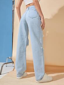 SHEIN High Waist Ripped Jeans - Light Wash - View 4