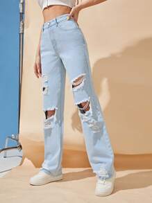 SHEIN High Waist Ripped Jeans - Light Wash - View 5