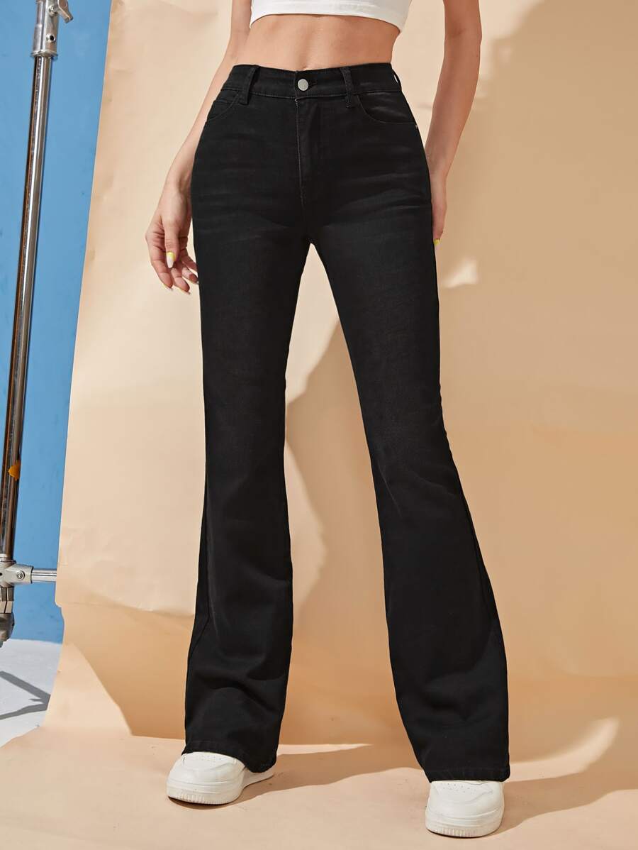 SHEIN Frenchy High Waisted Flare Leg Jeans - Black - View 1