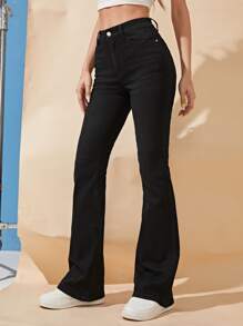 SHEIN Frenchy High Waisted Flare Leg Jeans - Black - View 3