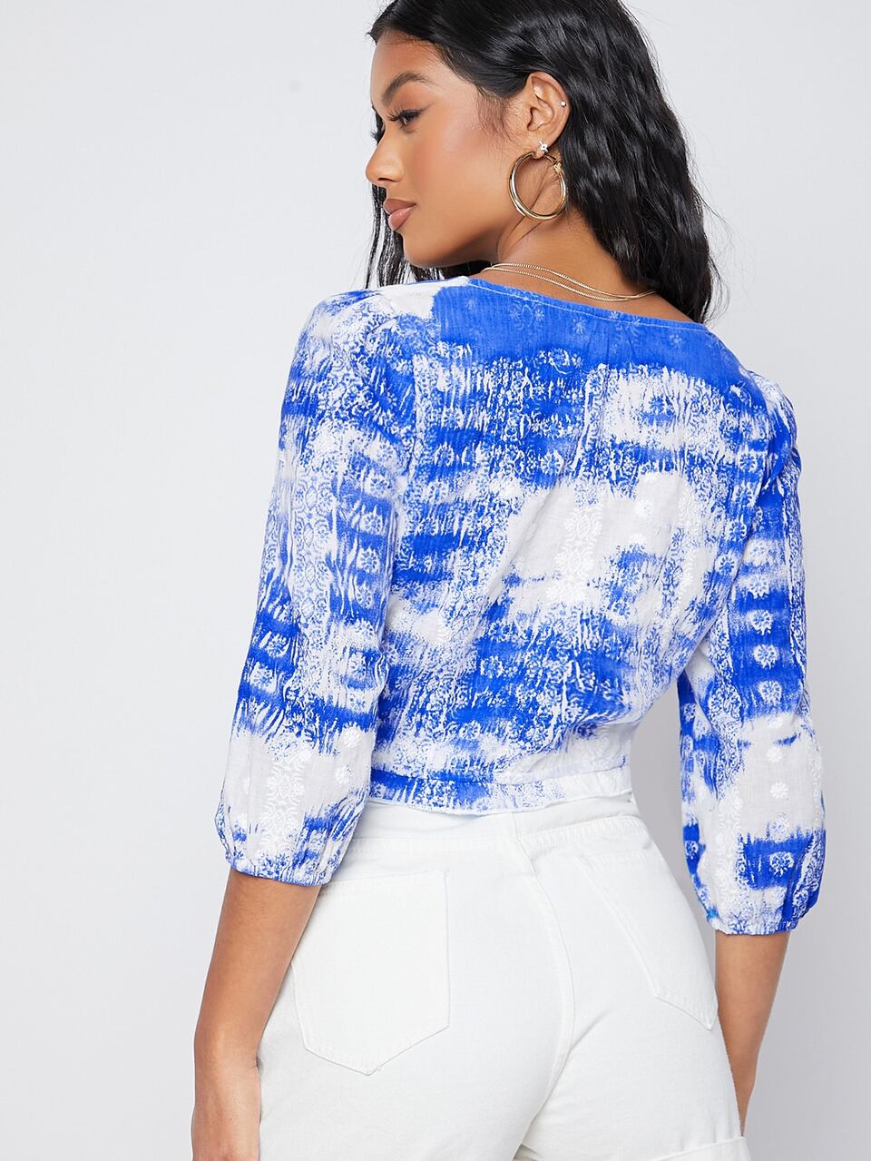 Tie-Dye Wash Ornate Print Self-Tie Crop Top