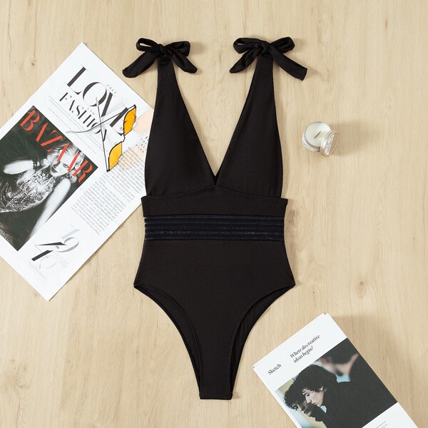 

Tie Shoulder Plunging One Piece Swimsuit, Black