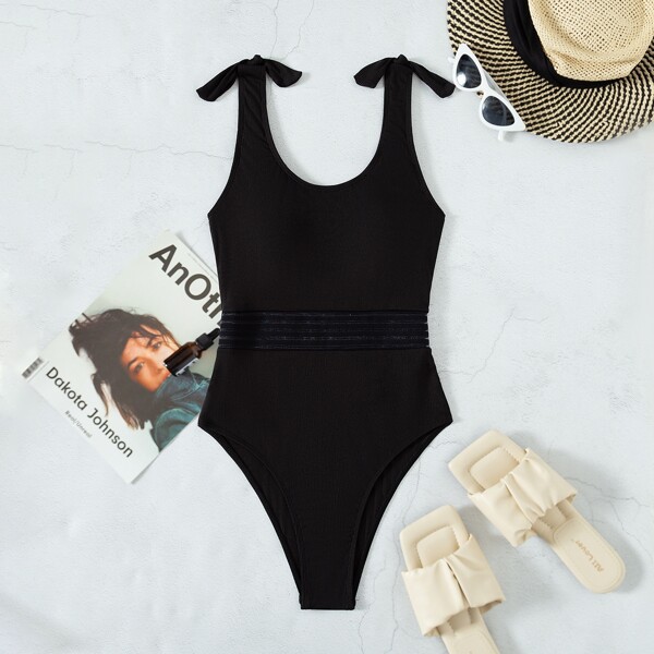 

Contrast Mesh Tie Shoulder One Piece Swimsuit, Black
