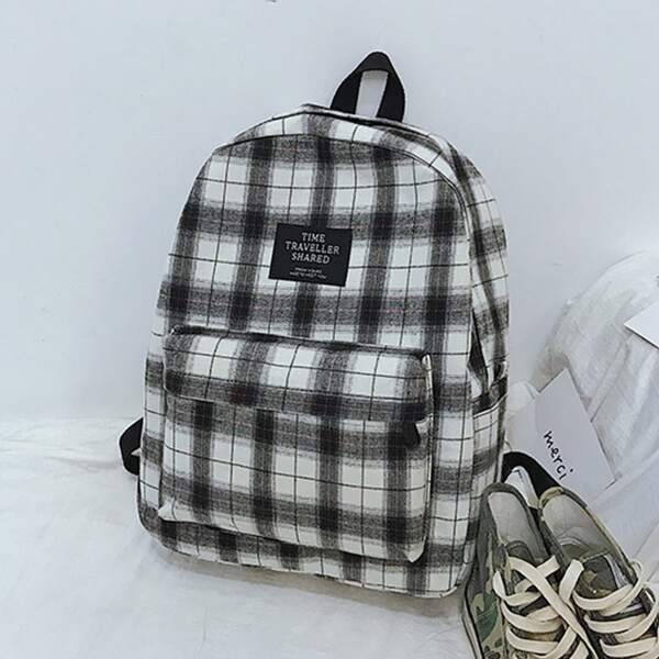

Letter Patch Plaid Pattern Classic Backpack, Black and white
