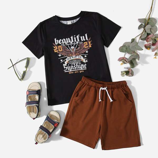 

Boys Slogan & Eagle Print Tee and Drawstring Track Shorts Set, Multicolor