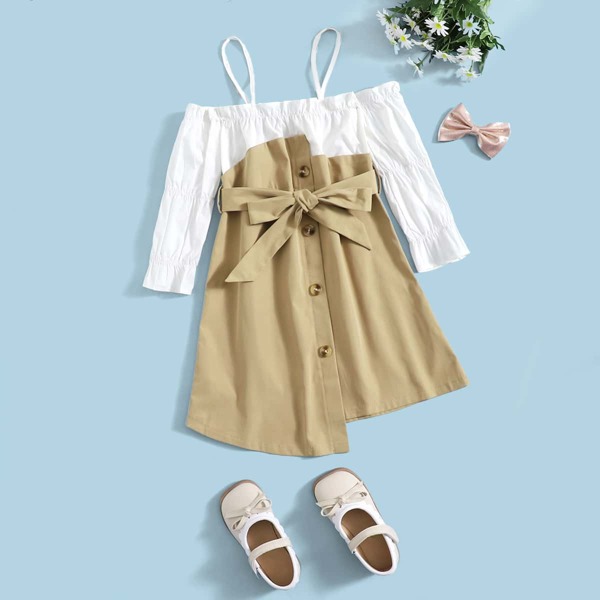 

Toddler Girls Cold Shoulder Asymmetrical Hem Belted Dress, Multicolor