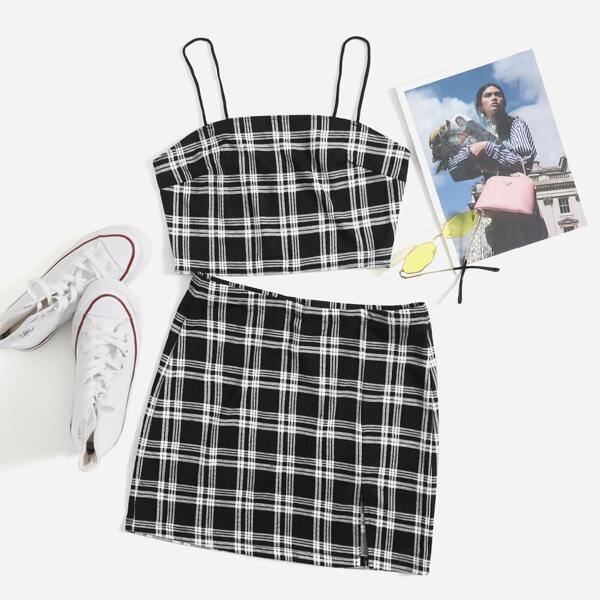 

Plaid Crop Cami Top & Split Detail Skirt Set, Black and white