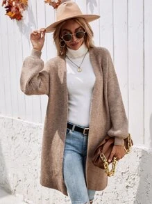 SHEIN LUNE Ribbed Knit Drop Shoulder Cardigan - Mocha Brown - View 1