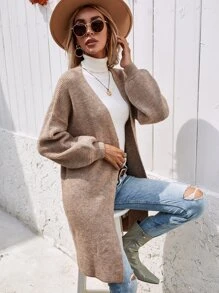 SHEIN LUNE Ribbed Knit Drop Shoulder Cardigan - Mocha Brown - View 4