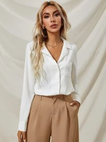 Áo sơ mi Nút Túi màu trơn Giải trí - trắng - Xem 5