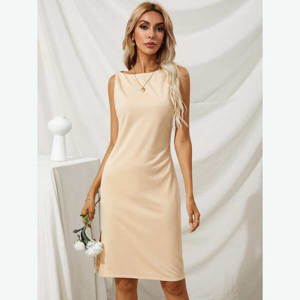 

Solid Sleeveless Split Hem Dress, Apricot