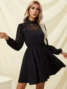 SHEIN Frenchy Solid Eyelet Lace Dress Winter Elegant Black Party Evening Dress Spring - Black - View 3