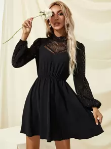 SHEIN Frenchy Solid Eyelet Lace Dress Winter Elegant Black Party Evening Dress Spring - Black - View 4