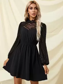 SHEIN Frenchy Solid Eyelet Lace Dress Winter Elegant Black Party Evening Dress Spring - Black - View 5