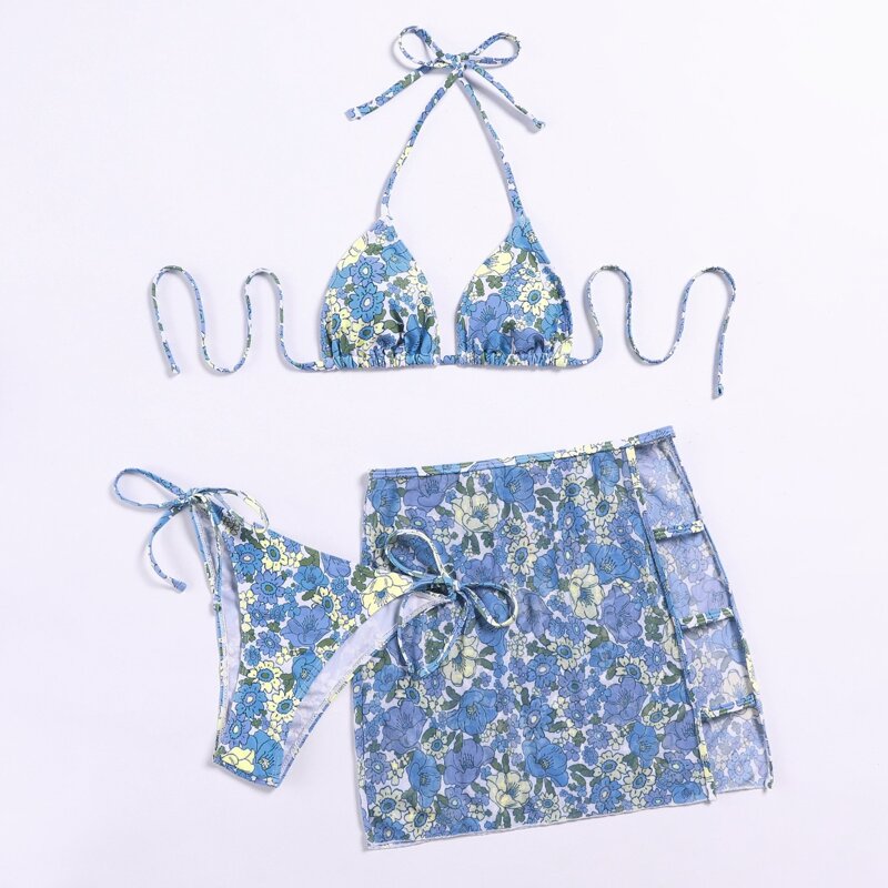 

3pack Floral Bikini Swimsuit With Beach Skirt, Blue