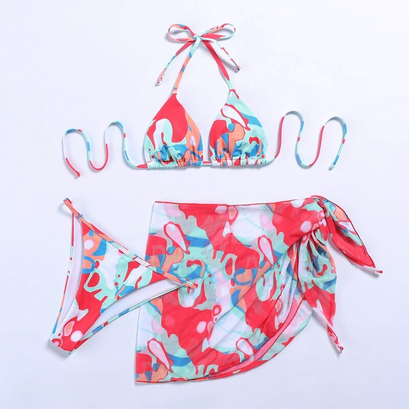 

3pack Graphic Bikini Swimsuit With Beach Skirt, Red