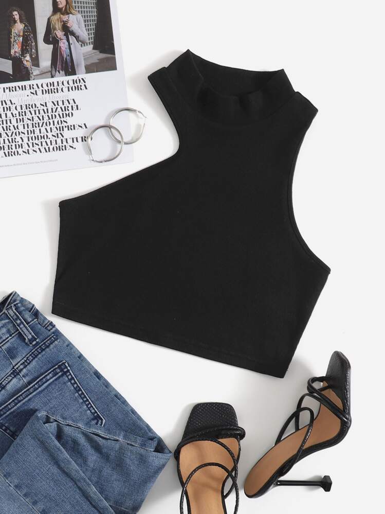 SHEIN Round Neck Asymmetrical Top - Black - View 1