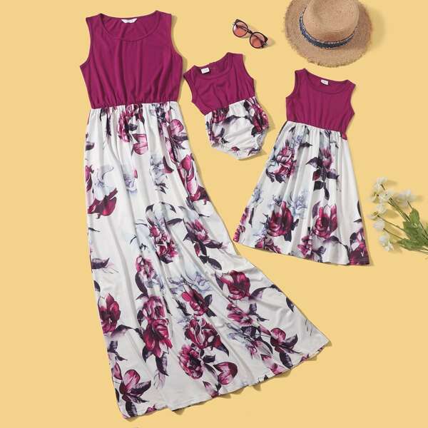 

Floral Print Spliced A-line Dress, Multicolor