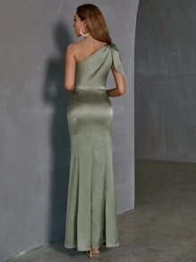 Double Crazy 蝴蝶結單肩魚尾裙下擺緞面長連衣裙 - 軍綠色 - 查看 2