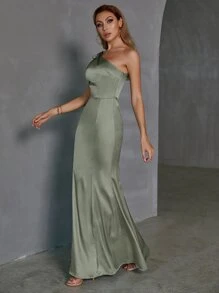 Double Crazy 蝴蝶結單肩魚尾裙下擺緞面長連衣裙 - 軍綠色 - 查看 4