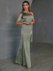 Double Crazy 蝴蝶結單肩魚尾裙下擺緞面長連衣裙 - 軍綠色 - 查看 5