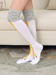 Cartoon Graphic Over The Knee Socks - White - View 2