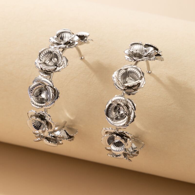

Flower Hoop Earrings, Silver