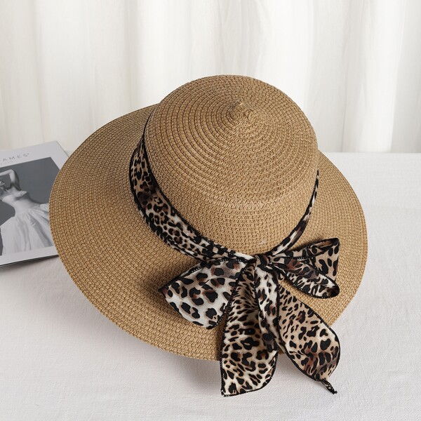 

Leopard Print Bow Decor Straw Hat, Brown