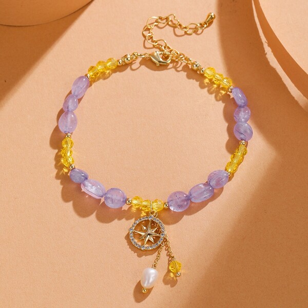 

Rhinestone & Faux Pearl Decor Stone Beaded Bracelet, Mauve purple