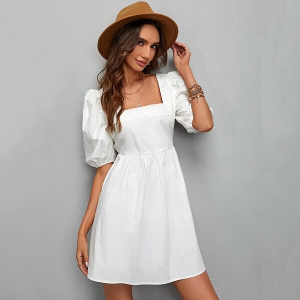 

Tie Backless Square Neck Dress, White